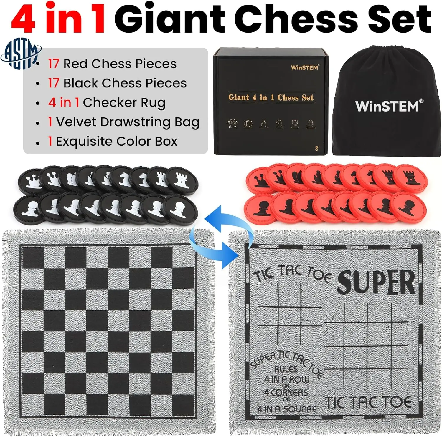 4-in-1 Giant Chess Set, Checke - Tic Tac Toe Giant recensie en prijs